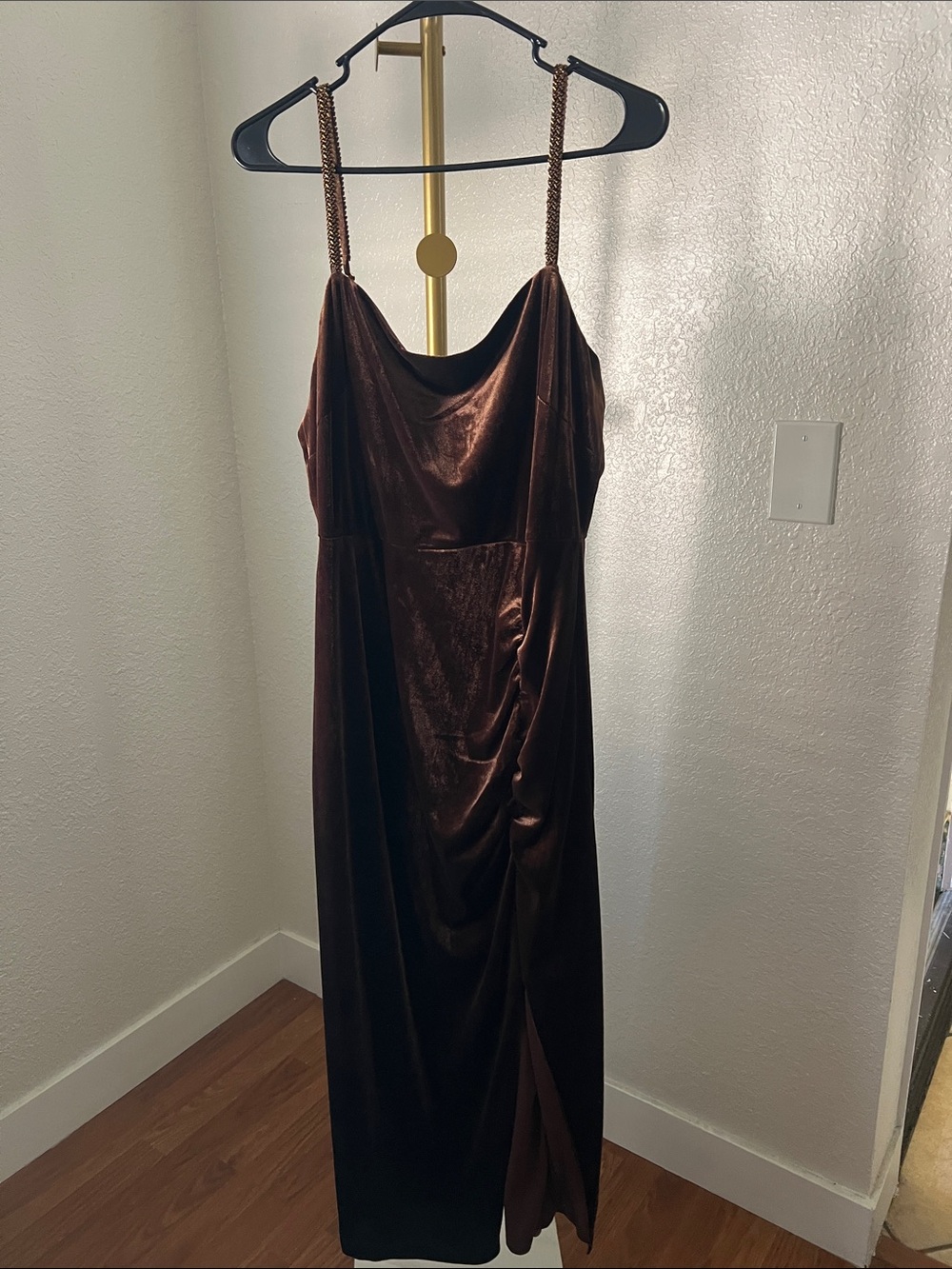 Taylor Chocolate Brown Velvet Maxi Dress with Beaded Straps